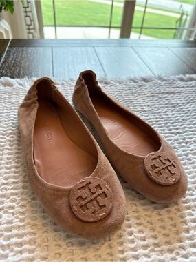 Tory Burch Minnie Pink Suede Round-Toe Ballet Flats